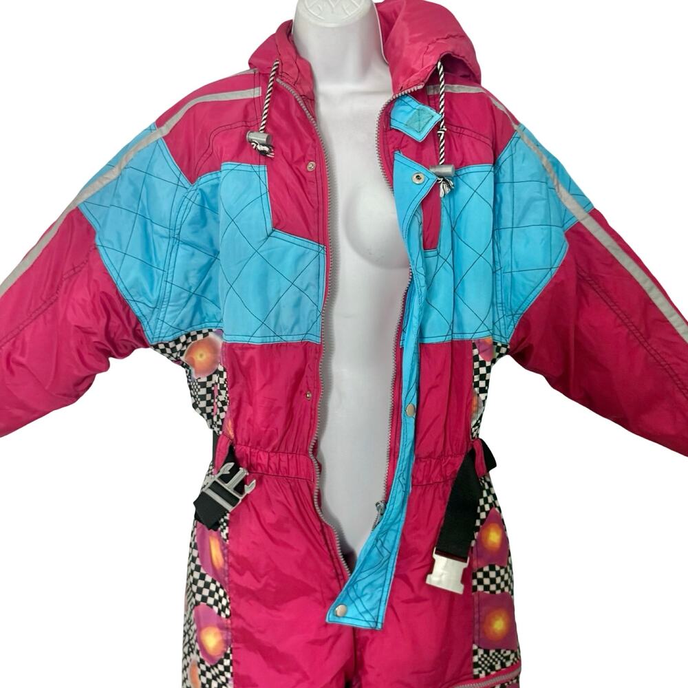 Vintage 90s Blue Pink Checkerboard Hooded Ski Suit One Piece Size S *GOOD* - Picture 15 of 16